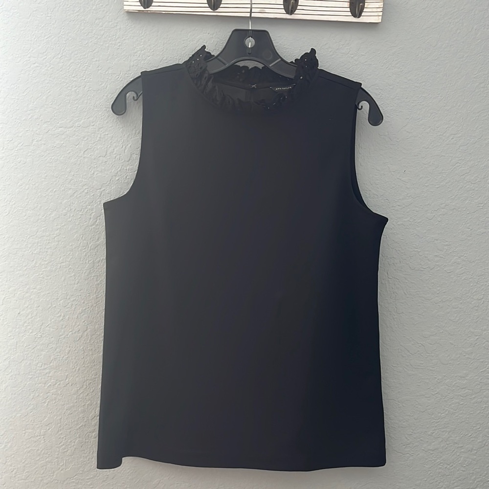 Black Sleeveless Mock Neck Top with Lace Trim